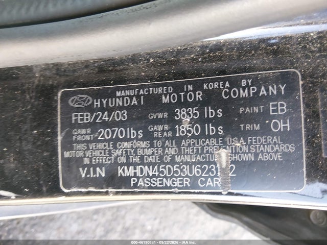 46190881 :رقم المزاد ، KMHDN45D53U623192 vin ، 2003 Hyundai Elantra Gls/gt مزاد بيع