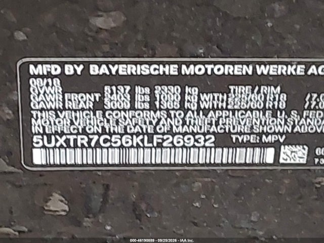 Aukcja sprzedaży 2019 Bmw X3 Sdrive30i, vin: 5UXTR7C56KLF26932, numer aukcji: 46190889