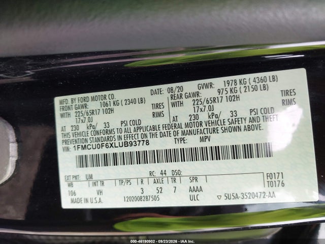 46190902 :رقم المزاد ، 1FMCU0F6XLUB93778 vin ، 2020 Ford Escape S مزاد بيع