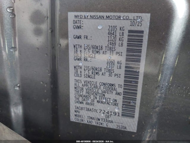 Aukcja sprzedaży 2026 Nissan Rogue Sv, vin: 5N1BT3BA5TC724191, numer aukcji: 46190906