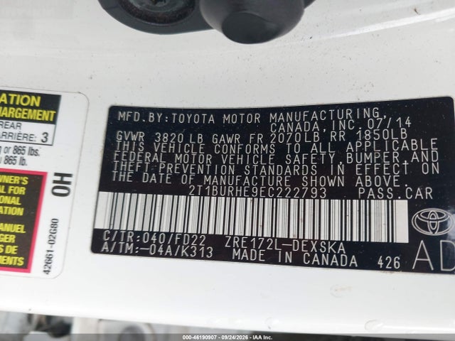 Aukcja sprzedaży 2014 Toyota Corolla S Plus, vin: 2T1BURHE9EC222793, numer aukcji: 46190907