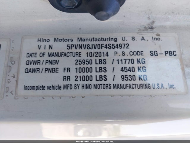 46190912 :رقم المزاد ، 5PVNV8JV0F4S54972 vin ، 2015 Hino Hino 338 مزاد بيع