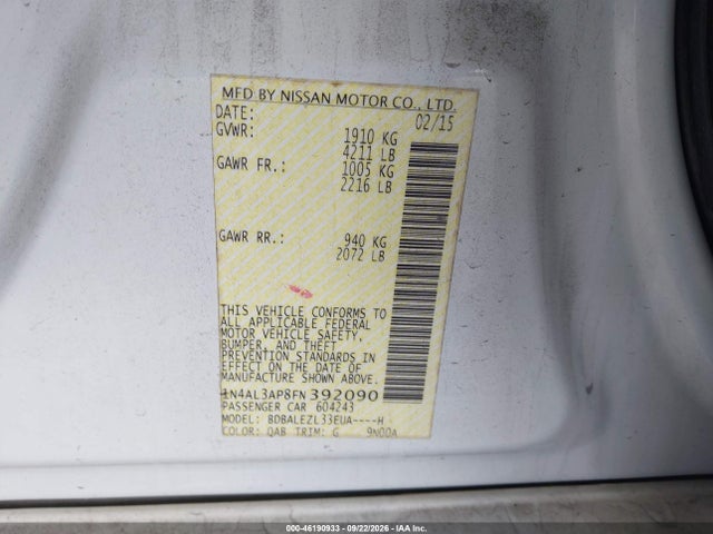 Aukcja sprzedaży 2015 Nissan Altima 2.5 S, vin: 1N4AL3AP8FN392090, numer aukcji: 46190933