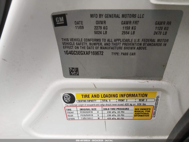 2010 Buick Lacrosse Cxl მანქანა იყიდება აუქციონზე, vin: 1G4GC5EGXAF169672, აუქციონის ნომერი: 46190934