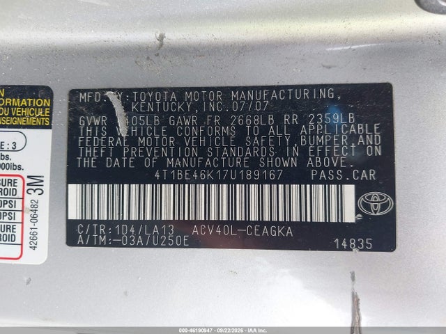 Aukcja sprzedaży 2007 Toyota Camry Xle, vin: 4T1BE46K17U189167, numer aukcji: 46190947