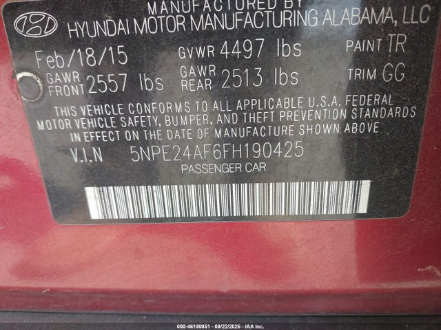 Hyundai SONATA SE 2015 5NPE24AF6FH190425 Image 9