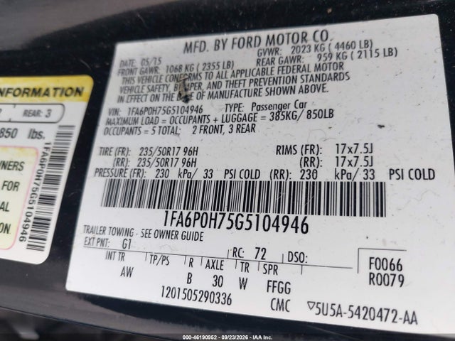 Aukcja sprzedaży 2016 Ford Fusion Se, vin: 1FA6P0H75G5104946, numer aukcji: 46190952
