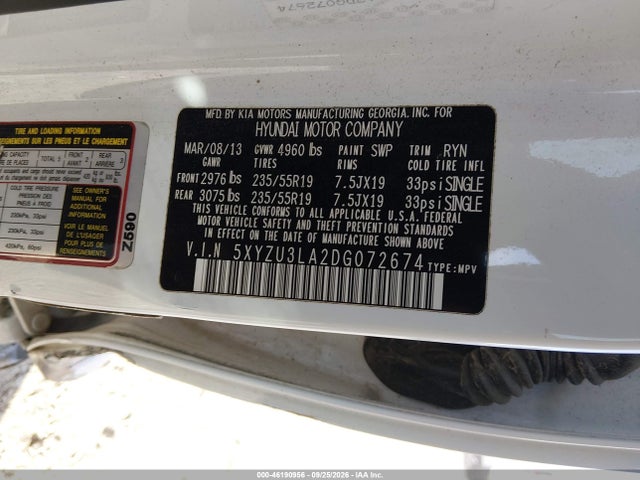 Продаж на аукціоні авто 2013 Hyundai Santa Fe Sport 2.0t, vin: 5XYZU3LA2DG072674, номер лоту: 46190956