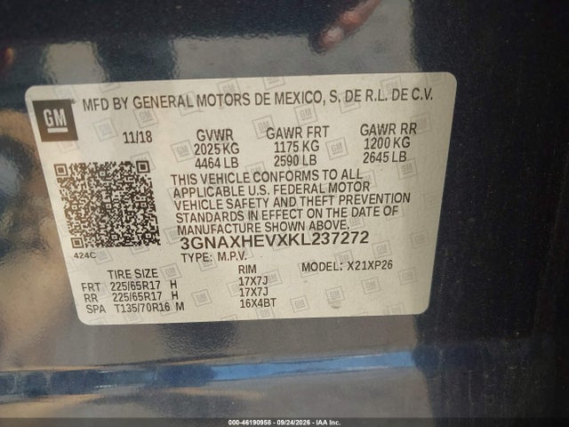 Aukcja sprzedaży 2019 Chevrolet Equinox Ls, vin: 3GNAXHEVXKL237272, numer aukcji: 46190958
