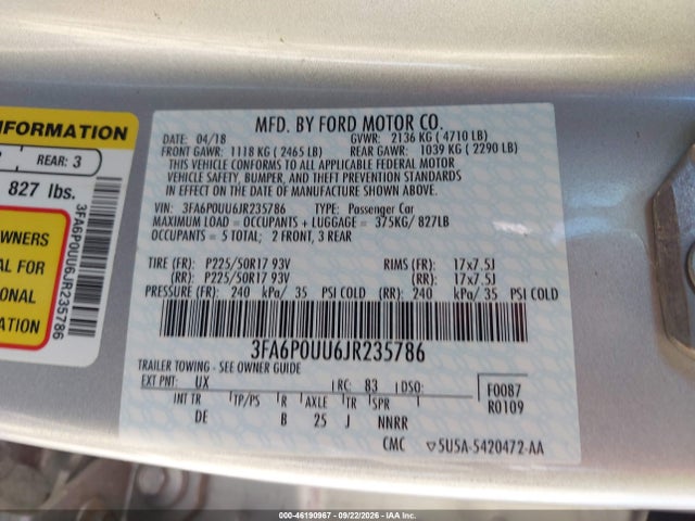 Продаж на аукціоні авто 2018 Ford Fusion Hybrid S, vin: 3FA6P0UU6JR235786, номер лоту: 46190967