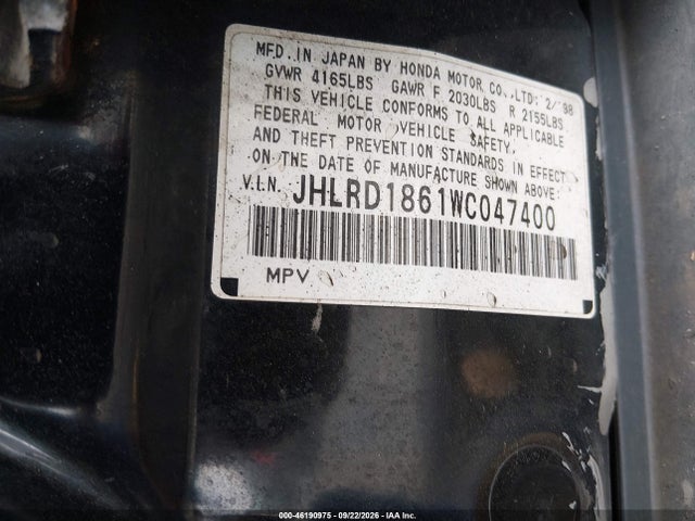 Aukcja sprzedaży 1998 Honda Cr-v Ex, vin: JHLRD1861WC047400, numer aukcji: 46190975
