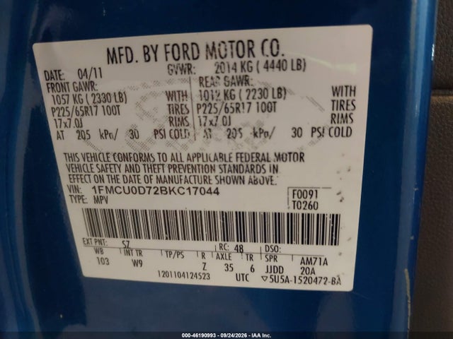 Продаж на аукціоні авто 2011 Ford Escape Xlt, vin: 1FMCU0D72BKC17044, номер лоту: 46190993