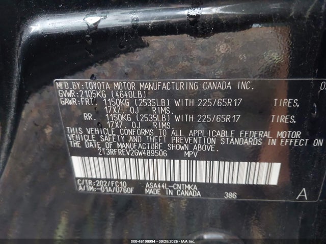46190994 :رقم المزاد ، 2T3RFREV2GW489506 vin ، 2016 Toyota Rav4 Xle مزاد بيع