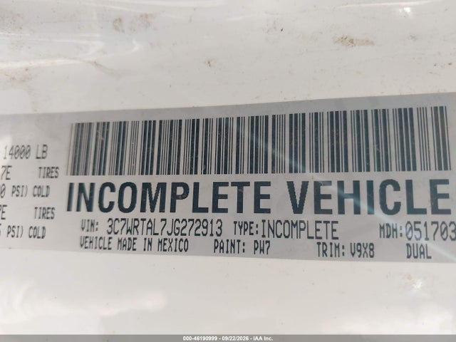 46190999 :رقم المزاد ، 3C7WRTAL7JG272913 vin ، 2018 Ram 3500 Chassis Tradesman/slt مزاد بيع