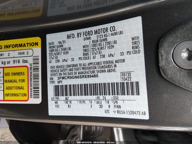 Продаж на аукціоні авто 2025 Ford Bronco Sport Heritage, vin: 3FMCR9GN6SRE89480, номер лоту: 46191018