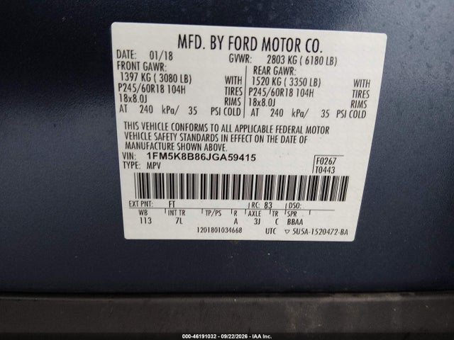 46191032 :رقم المزاد ، 1FM5K8B86JGA59415 vin ، 2018 Ford Explorer مزاد بيع