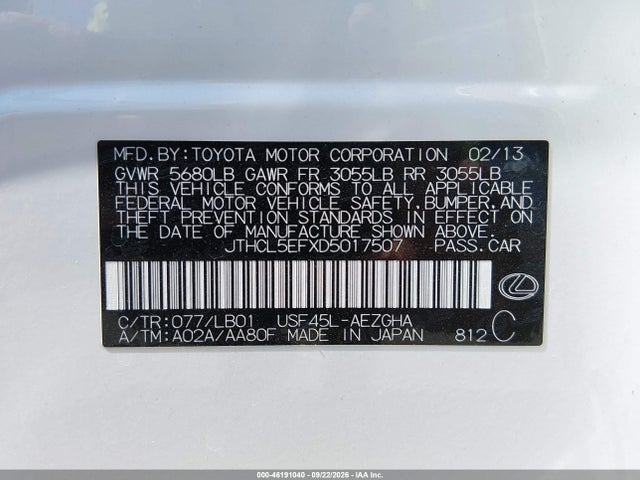46191040 :رقم المزاد ، JTHCL5EFXD5017507 vin ، 2013 Lexus Ls 460 مزاد بيع