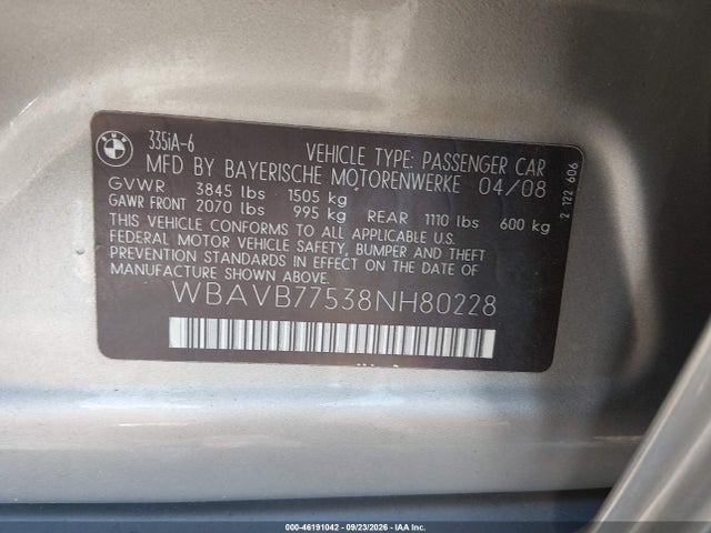 Продаж на аукціоні авто 2008 Bmw 335i, vin: WBAVB77538NH80228, номер лоту: 46191042