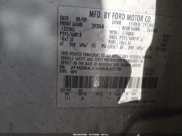 2010 Ford Edge Sel მანქანა იყიდება აუქციონზე, vin: 2FMDK4JC0ABA30736, აუქციონის ნომერი: 46191046