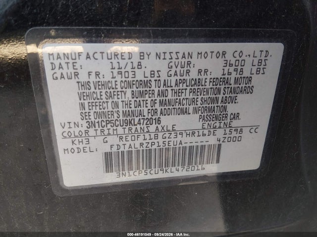46191049 :رقم المزاد ، 3N1CP5CU9KL472016 vin ، 2019 Nissan Kicks S مزاد بيع