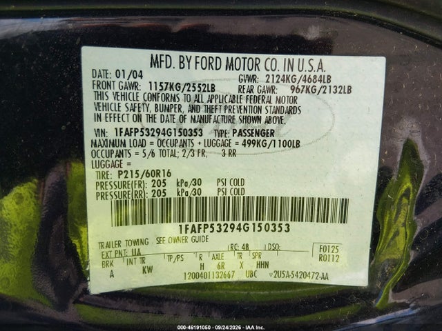 46191050 :رقم المزاد ، 1FAFP53294G150353 vin ، 2004 Ford Taurus Se مزاد بيع