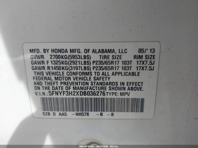 Aukcja sprzedaży 2013 Honda Pilot Lx, vin: 5FNYF3H2XDB036276, numer aukcji: 46191061