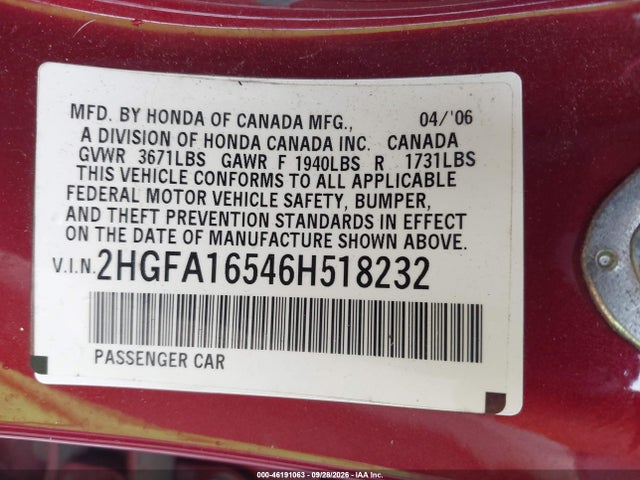 46191063 :رقم المزاد ، 2HGFA16546H518232 vin ، 2006 Honda Civic Lx مزاد بيع