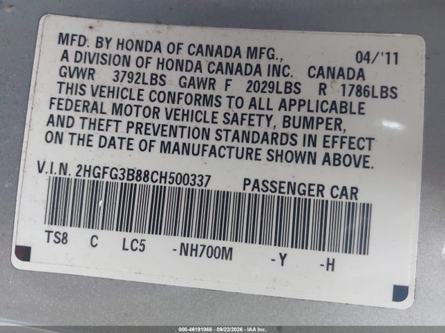 Продажа на аукционе авто 2012 Honda Civic Ex, vin: 2HGFG3B88CH500337, номер лота: 46191068