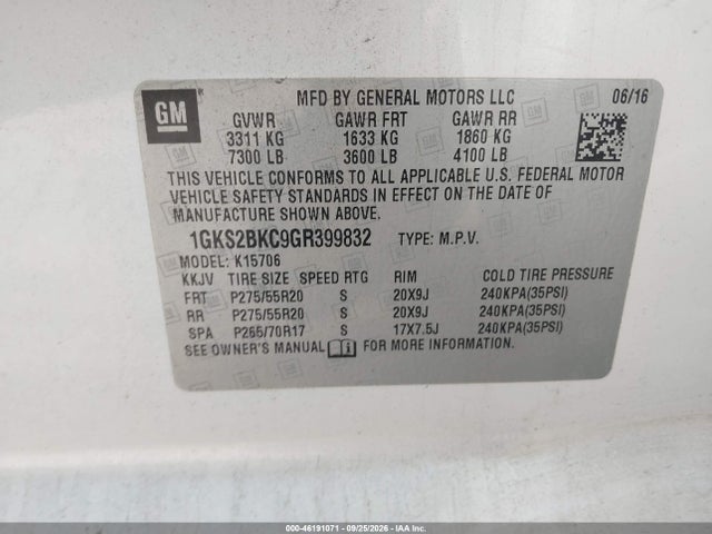2016 Gmc Yukon Slt მანქანა იყიდება აუქციონზე, vin: 1GKS2BKC9GR399832, აუქციონის ნომერი: 46191071