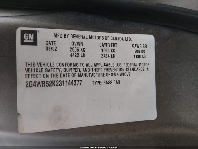 2003 Buick Regal Ls მანქანა იყიდება აუქციონზე, vin: 2G4WB52K231144377, აუქციონის ნომერი: 46191076