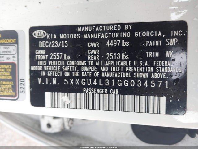2016 Kia Optima Ex მანქანა იყიდება აუქციონზე, vin: 5XXGU4L31GG034571, აუქციონის ნომერი: 46191074