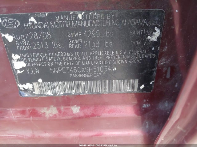 46191090 :رقم المزاد ، 5NPET46CX9H510345 vin ، 2009 Hyundai Sonata Gls مزاد بيع