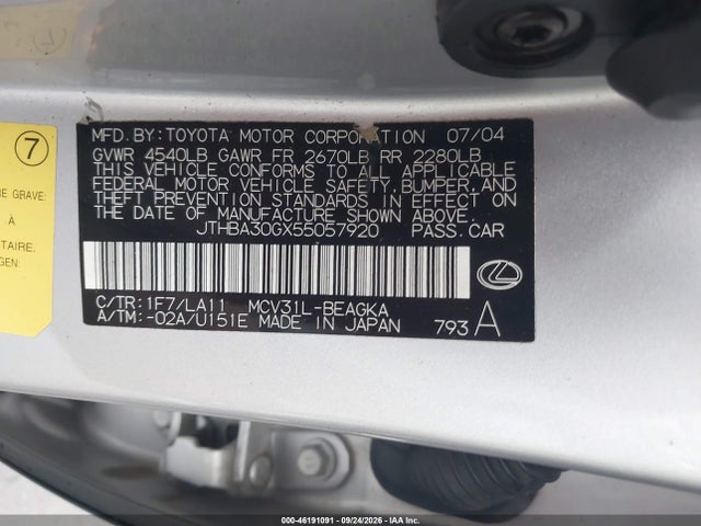 Продаж на аукціоні авто 2005 Lexus Es 330, vin: JTHBA30GX55057920, номер лоту: 46191091