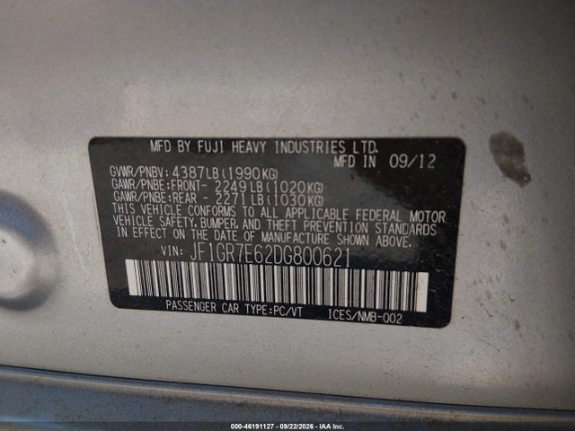 46191127 :رقم المزاد ، JF1GR7E62DG800621 vin ، 2013 Subaru Impreza Wrx Premium مزاد بيع