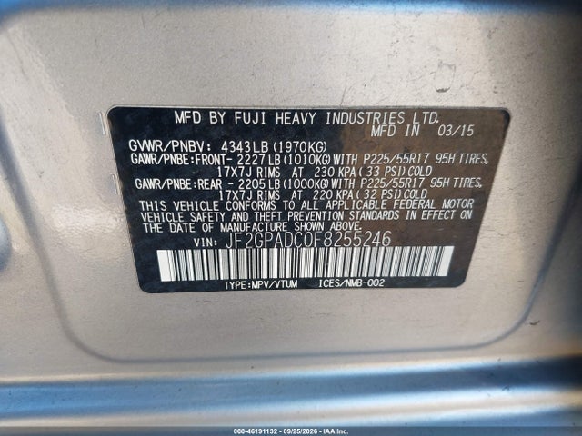 Продаж на аукціоні авто 2015 Subaru Xv Crosstrek 2.0i Premium, vin: JF2GPADC0F8255246, номер лоту: 46191132