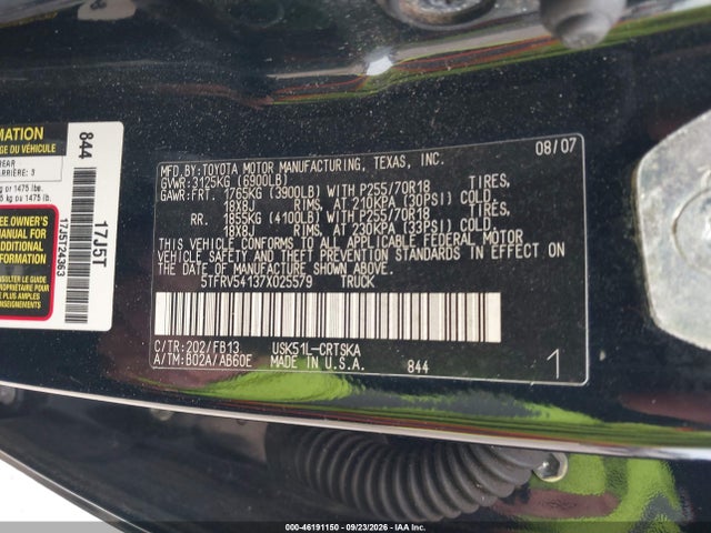 46191150 :رقم المزاد ، 5TFRV54137X025579 vin ، 2007 Toyota Tundra Sr5 V8 مزاد بيع