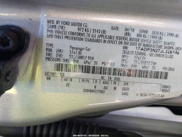 Продажа на аукционе авто 2018 Ford Focus Titanium, vin: 1FADP3N27JL326148, номер лота: 46191151
