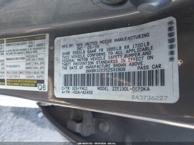 46191153 :رقم المزاد ، 1NXBR32E35Z531908 vin ، 2005 Toyota Corolla Ce مزاد بيع
