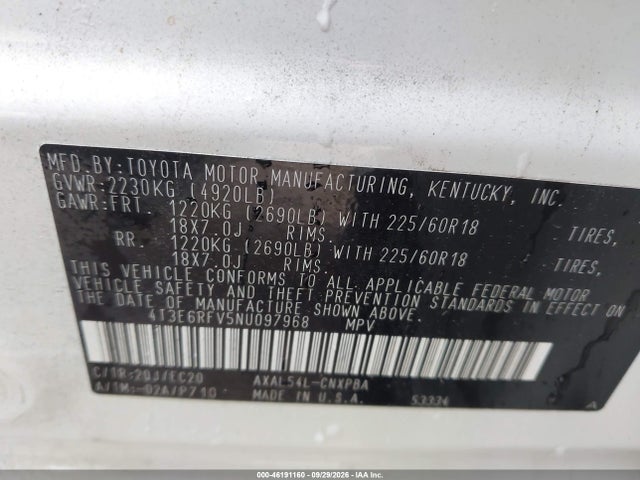 46191160 :رقم المزاد ، 4T3E6RFV5NU097968 vin ، 2022 Toyota Rav4 Hybrid Xse مزاد بيع
