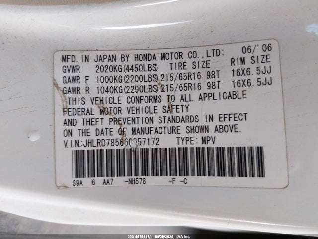46191161 :رقم المزاد ، JHLRD78566C057172 vin ، 2006 Honda Cr-v Lx مزاد بيع
