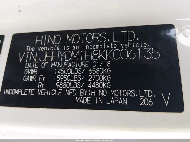 Продажа на аукционе авто 2019 Hino Xjc720/xfc720, vin: JHHYDM1H8KK006135, номер лота: 46191178