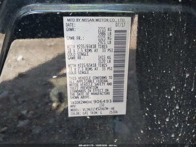 Продаж на аукціоні авто 2017 Nissan Pathfinder Sv, vin: 5N1DR2MM0HC906493, номер лоту: 46191179