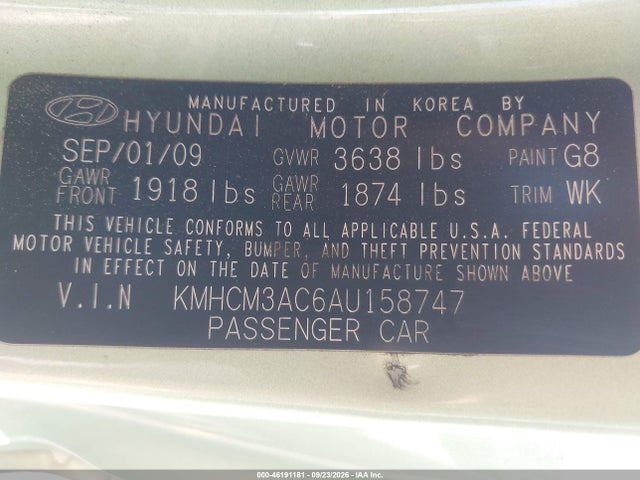 46191181 :رقم المزاد ، KMHCM3AC6AU158747 vin ، 2010 Hyundai Accent Gs مزاد بيع