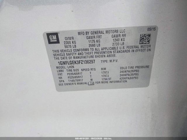 46191201 :رقم المزاد ، 1GNFLGEK3FZ136297 vin ، 2015 Chevrolet Equinox 2lt مزاد بيع