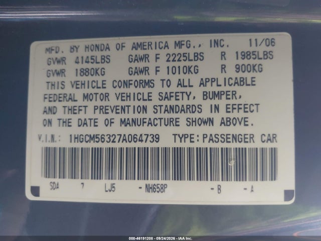 Aukcja sprzedaży 2007 Honda Accord 2.4 Se, vin: 1HGCM56327A064739, numer aukcji: 46191208