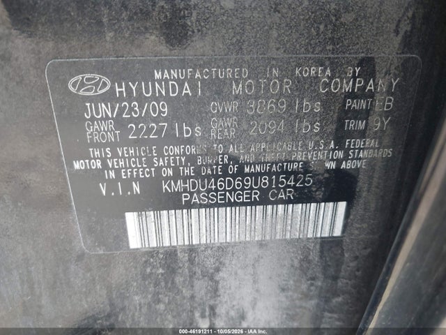 46191211 :رقم المزاد ، KMHDU46D69U815425 vin ، 2009 Hyundai Elantra Gls Pzev مزاد بيع