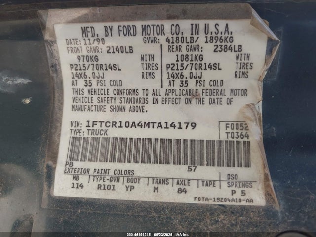 Продаж на аукціоні авто 1991 Ford Ranger, vin: 1FTCR10A4MTA14179, номер лоту: 46191215