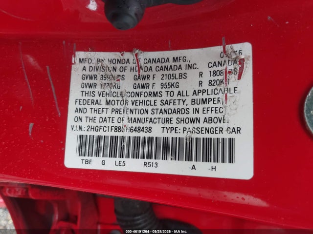 Продаж на аукціоні авто 2016 Honda Civic Ex-l, vin: 2HGFC1F88GH648438, номер лоту: 46191264