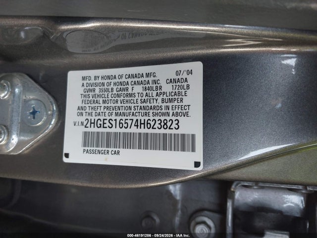 2004 Honda Civic Lx მანქანა იყიდება აუქციონზე, vin: 2HGES16574H623823, აუქციონის ნომერი: 46191286