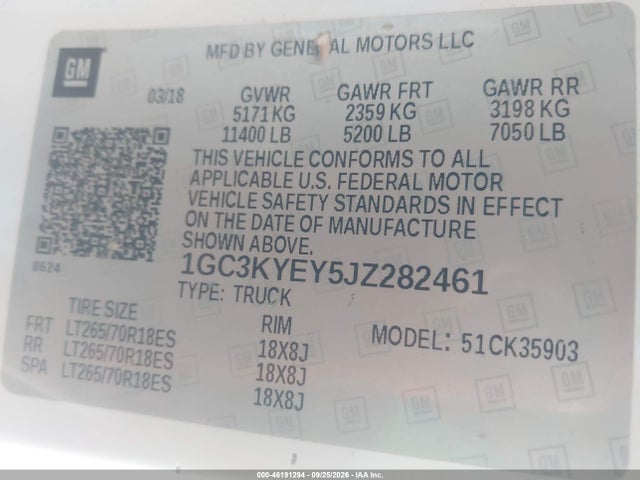 46191294 :رقم المزاد ، 1GC3KYEY5JZ282461 vin ، 2018 Chevrolet Silverado 3500hd Wt مزاد بيع